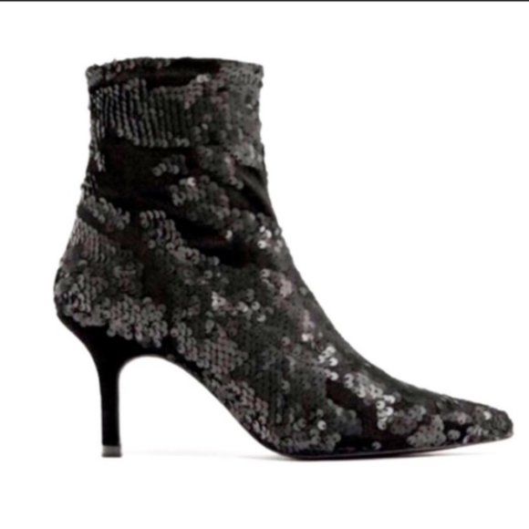 ZARA Sequin Ankle Boot with velvet Heel Black - Picture 2 of 2